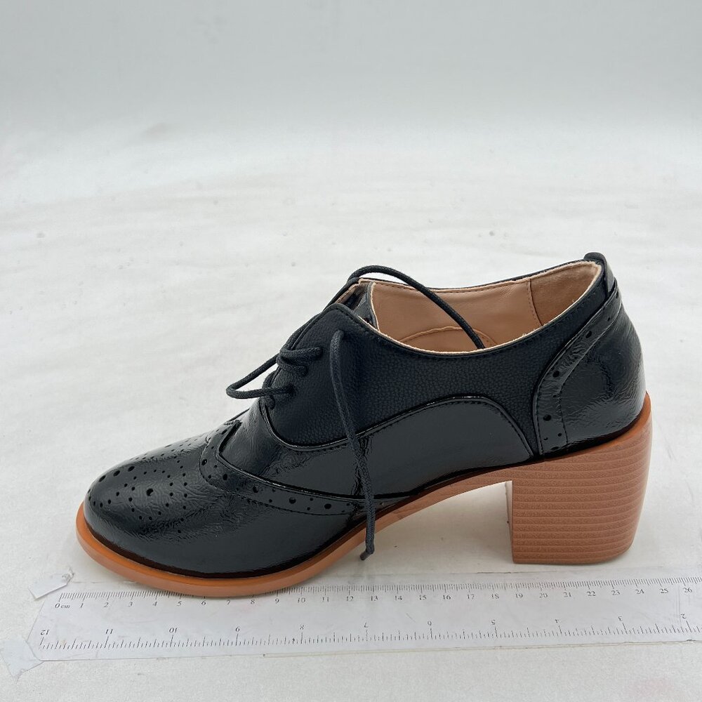 Women's Leather Lace Up Platform Chunky Mid-Heel Square Toe Oxfords Black